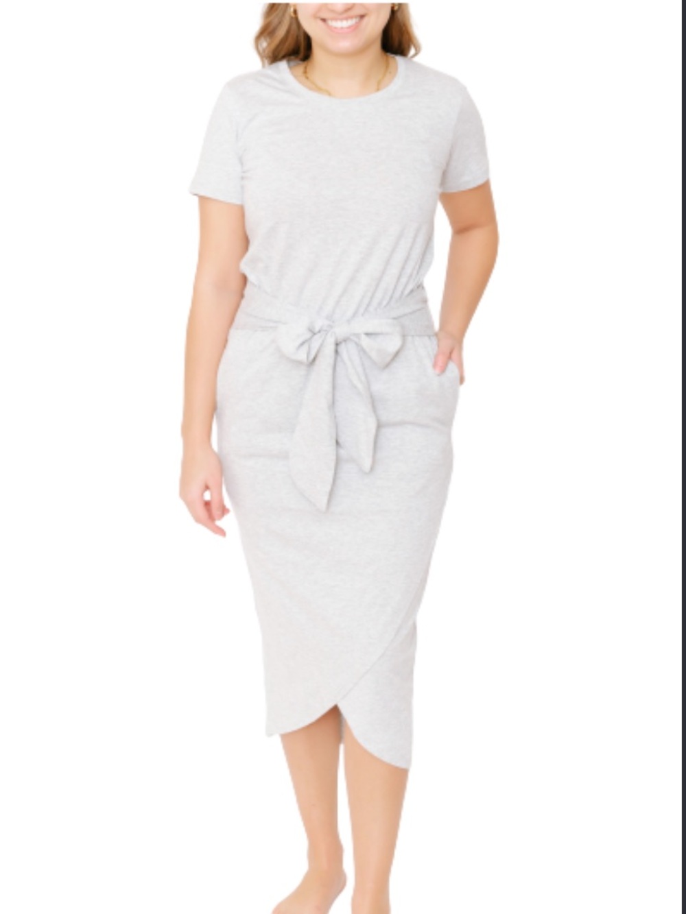 Smash + Tess Short Sleeve Tie Waist Tulip Wrap Midi Dress with Pockets Gray